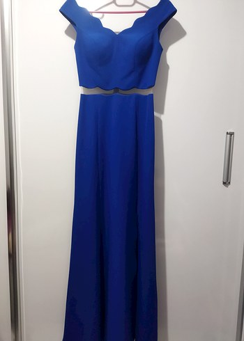 Mavi V Yaka Yırtmaçlı Uzun Kadın Elbise - Görsel 5