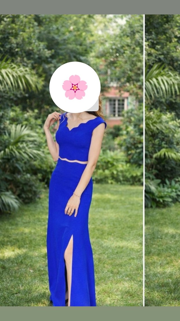 Mavi V Yaka Yırtmaçlı Uzun Kadın Elbise - Görsel 2