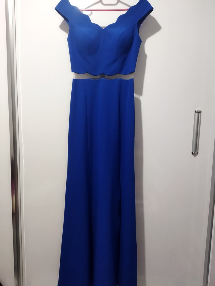 Mavi V Yaka Yırtmaçlı Uzun Kadın Elbise - Görsel 5