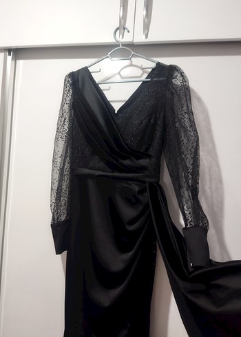 Siyah Drapeli Uzun Kadın Abiye Elbise - Görsel 6