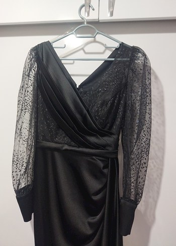 Siyah Drapeli Uzun Kadın Abiye Elbise - Görsel 11