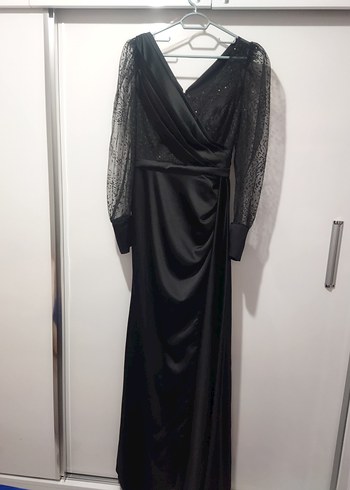 Siyah Drapeli Uzun Kadın Abiye Elbise - Görsel 2