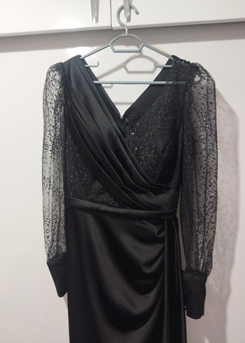 Siyah Drapeli Uzun Kadın Abiye Elbise - Görsel 8