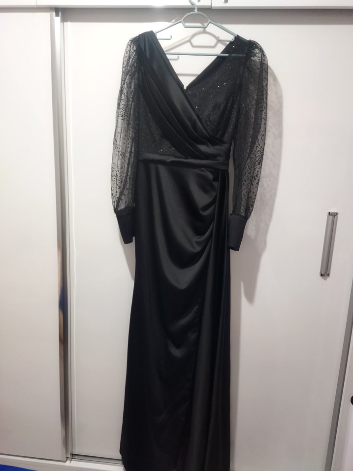 Siyah Drapeli Uzun Kadın Abiye Elbise - Görsel 2