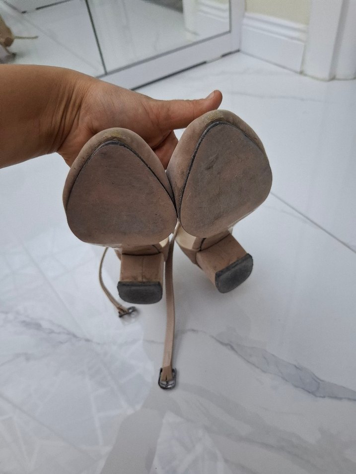 Bej Süet Stiletto Tokalı Kadın Topuklu Ayakkabı - Görsel 4