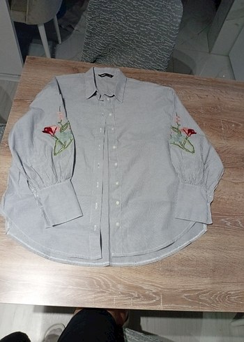 l Beden gri Renk Nakışlı Gri Kadın Uzun Kollu Gömlek