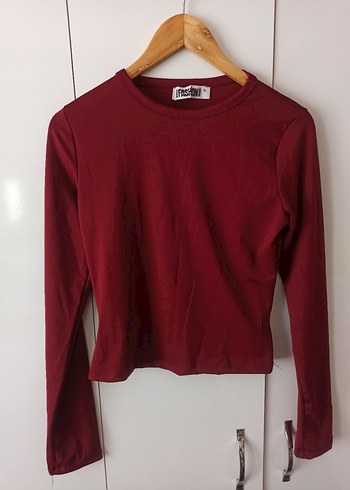 Bordo Uzun Kollu Kadın Crop Top
