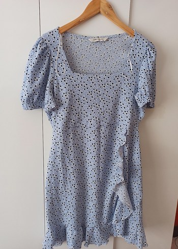 xl Beden Mavi Mini V Yaka Keten Elbise