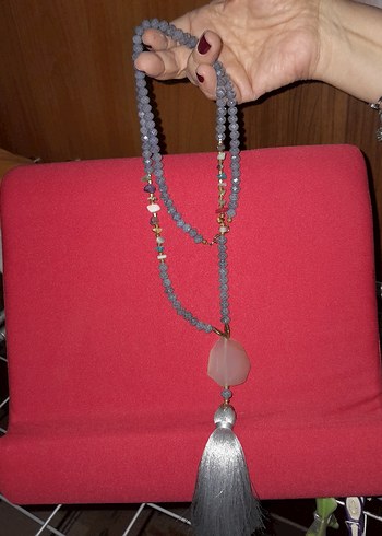 Gri Bohem Uzun Püsküllü Kolye - Görsel 2