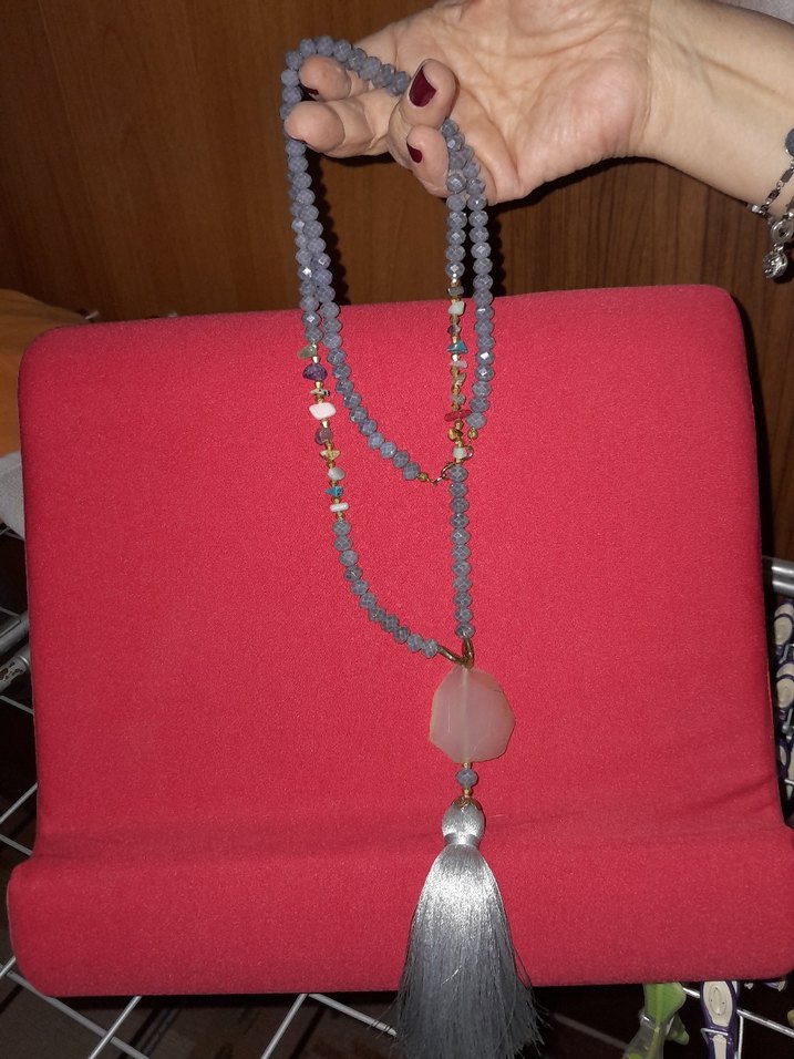 Gri Bohem Uzun Püsküllü Kolye - Görsel 2