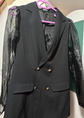 Düğmeli Siyah Midi Kadın Blazer Ceket - Görsel 2