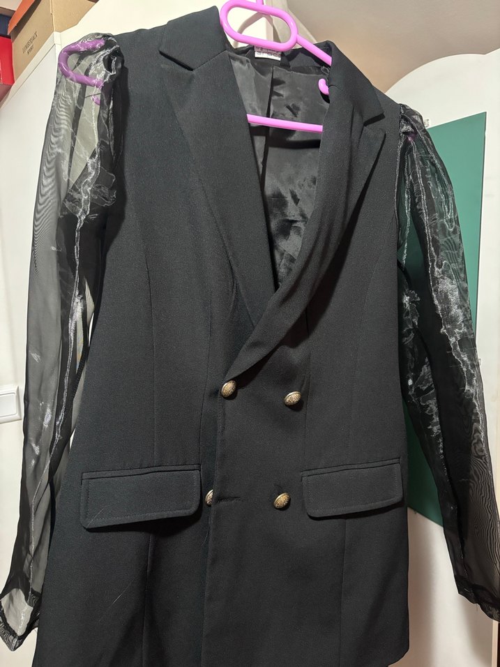 Düğmeli Siyah Midi Kadın Blazer Ceket - Görsel 2