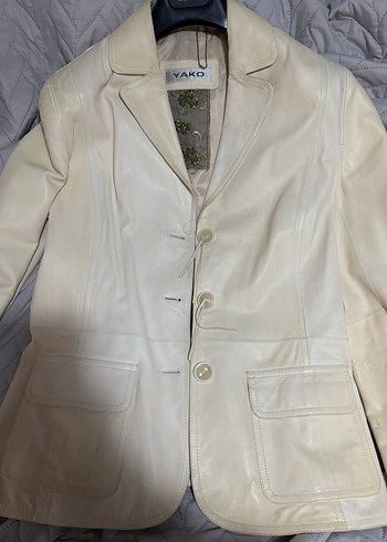 Kadın Beyaz Deri Ceket Düğmeli Notched Yaka - Görsel 2