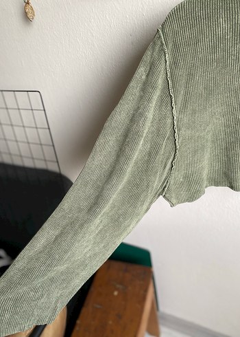 Addax Haki Yeşil Crop Triko / Yıkamalı Görünüm - Görsel 3