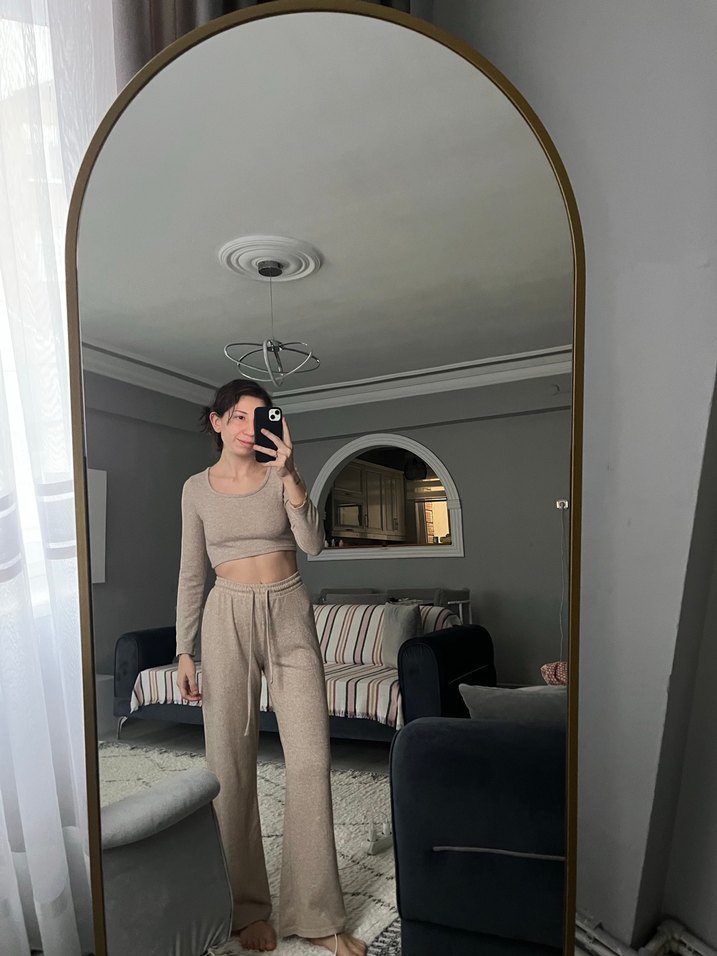 Bej Uzun Kollu V Yaka Kadın Eşofman Takımı - Görsel 2