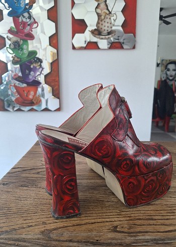 TASARIM Kırmızı Desenli Platform Topuklu Deri Ayakkabı - Görsel 2