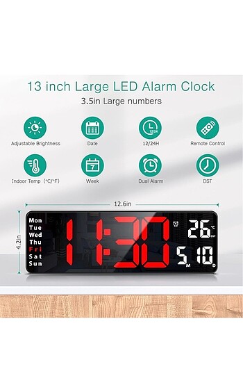  Beden siyah Renk Dev Dijital Led duvar saati 13 inç (32 x 10,7cm)