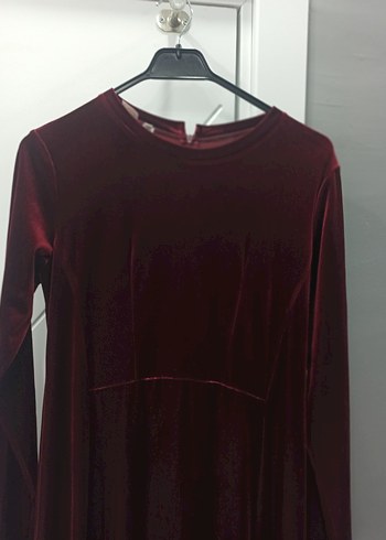 Bordo Süet V Yakalı Uzun Kadife Elbise - Görsel 2