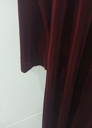 Bordo Süet V Yakalı Uzun Kadife Elbise - Görsel 4