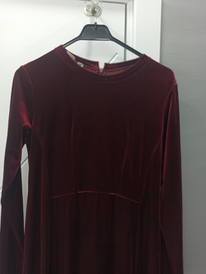 Bordo Süet V Yakalı Uzun Kadife Elbise - Görsel 2