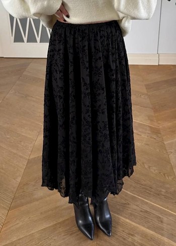 Flok Baskılı Kahverengi Çiçek Desenli Etek - Görsel 4