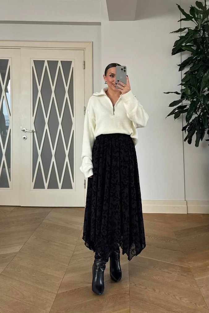 Flok Baskılı Kahverengi Çiçek Desenli Etek - Görsel 5