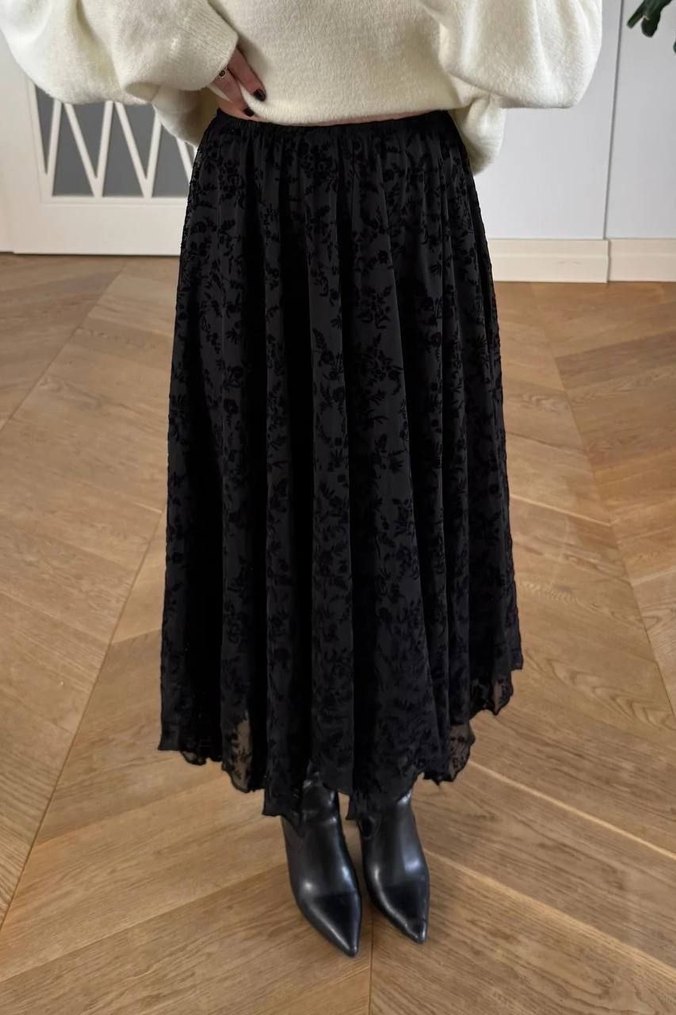 Flok Baskılı Kahverengi Çiçek Desenli Etek - Görsel 4