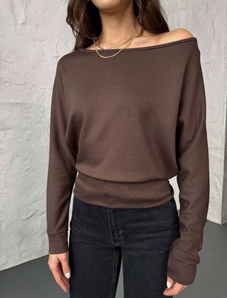 Kahverengi Kayık Yaka Kadın Bluz - Görsel 4