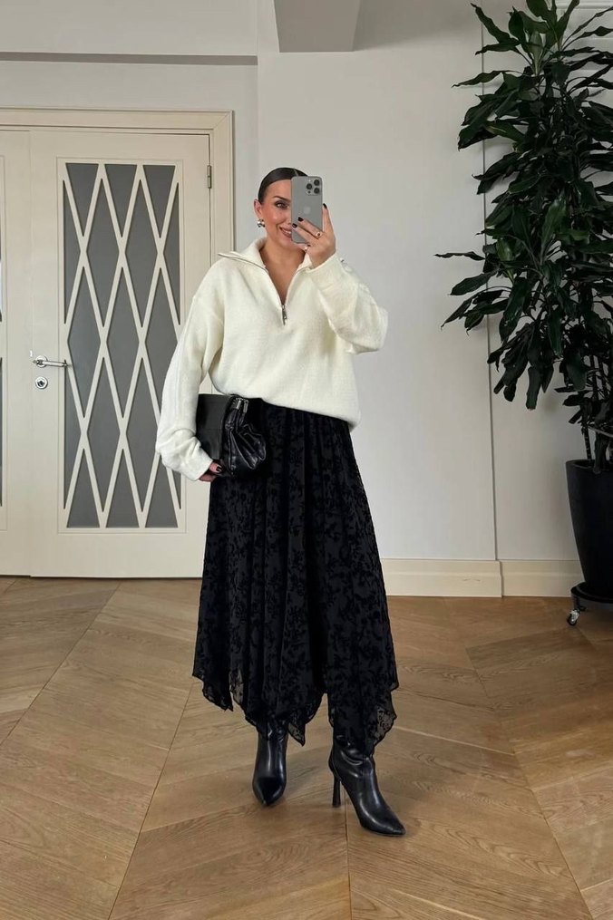 Flok Baskılı Kahverengi Çiçek Desenli Etek - Görsel 2