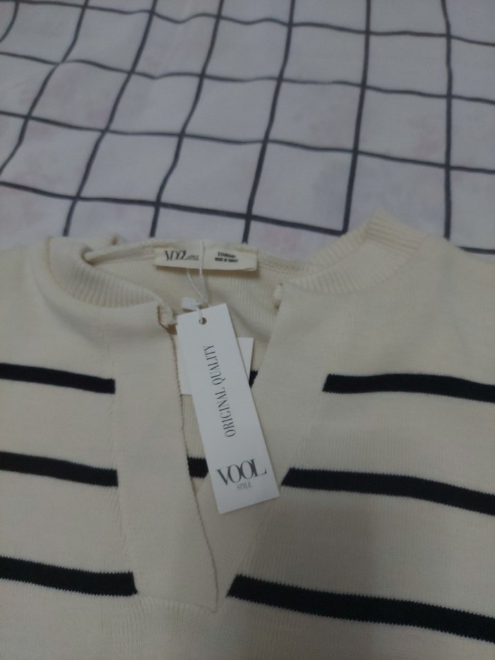 Kadın Gri Çizgili Uzun Kollu Triko Kazak - Görsel 2