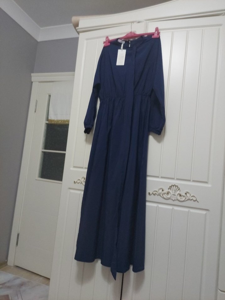 Kadın Lacivert Uzun Keten Elbise - Görsel 3