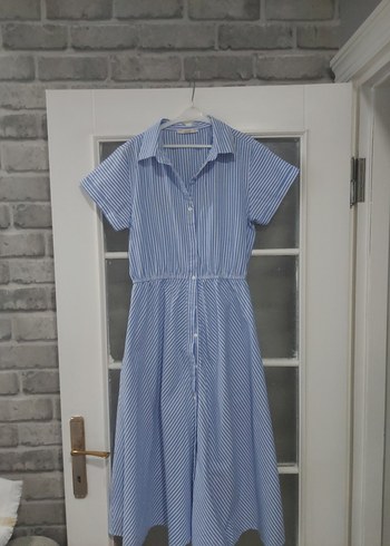 Mavi Çizgili Pamuklu Midi Elbise - Görsel 3
