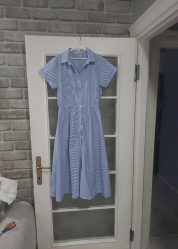 Mavi Çizgili Pamuklu Midi Elbise - Görsel 2