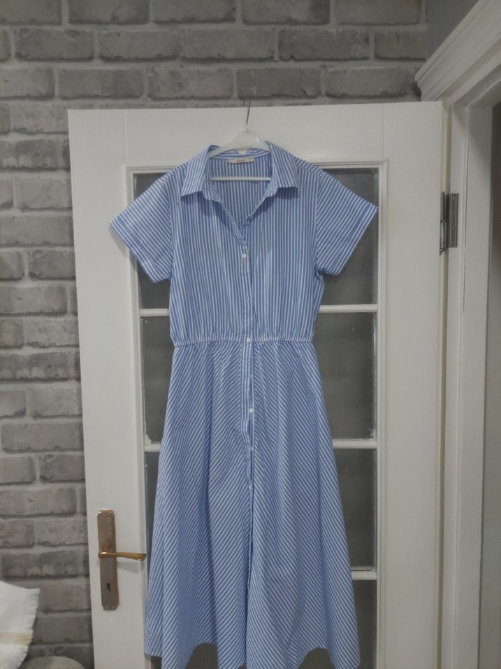 Mavi Çizgili Pamuklu Midi Elbise - Görsel 3