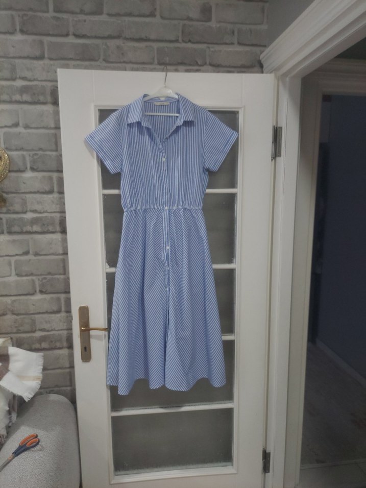 Mavi Çizgili Pamuklu Midi Elbise - Görsel 2