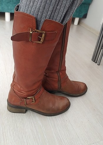 36 Beden kahverengi Renk Kadın Kahverengi Deri Tokalı Dizüstü Bot