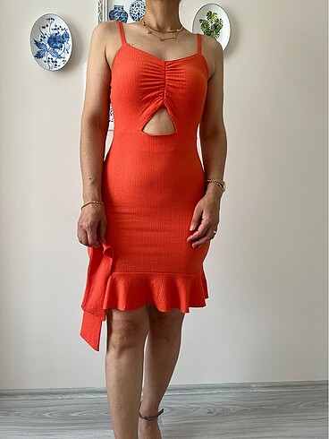 s Beden turuncu Renk Fiyonk Detaylı fırfırlı askılı elbise turuncu