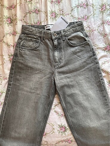 bershka gri jean pantolon wide leg