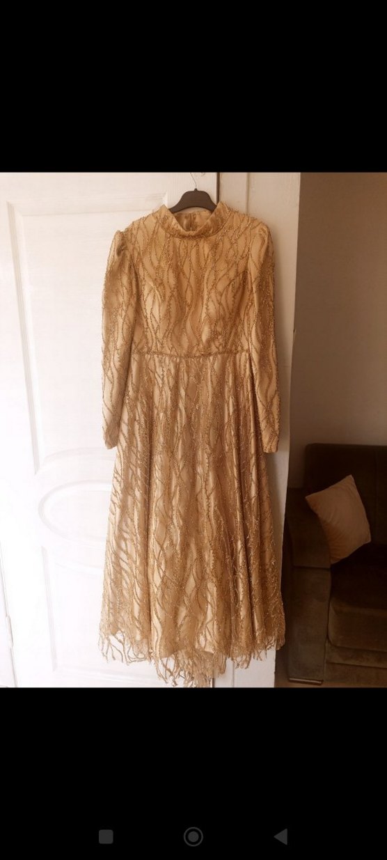 Nakışlı Gold Uzun Abiye Elbise - Görsel 3