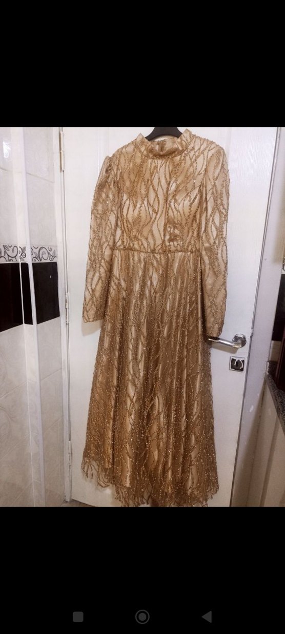 Nakışlı Gold Uzun Abiye Elbise - Görsel 4