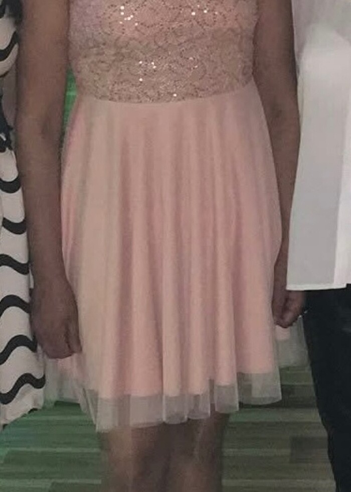 Pudra Göğsü Pul Payet Tül Abiye Elbise - Görsel 4