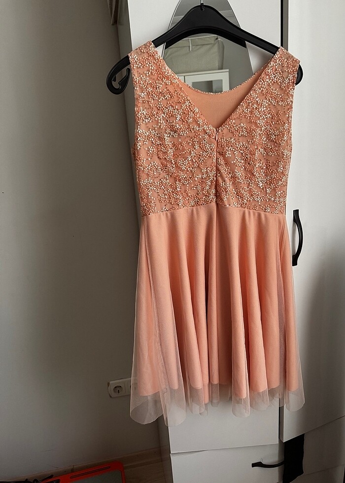 Pudra Göğsü Pul Payet Tül Abiye Elbise - Görsel 2