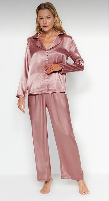 Gül Kurusu Saten Gömlek Pantolon Pijama Takımı