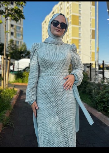 Gri Uzun Kollu Drapeli Abiye Elbise - Görsel 4