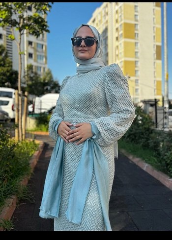 Gri Uzun Kollu Drapeli Abiye Elbise - Görsel 3