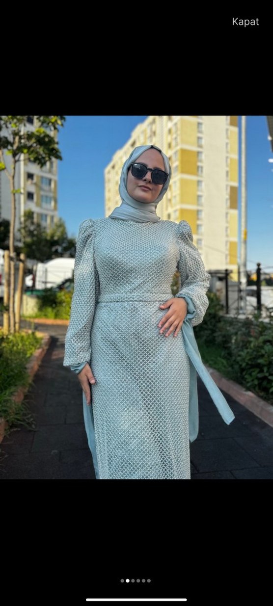 Gri Uzun Kollu Drapeli Abiye Elbise - Görsel 4