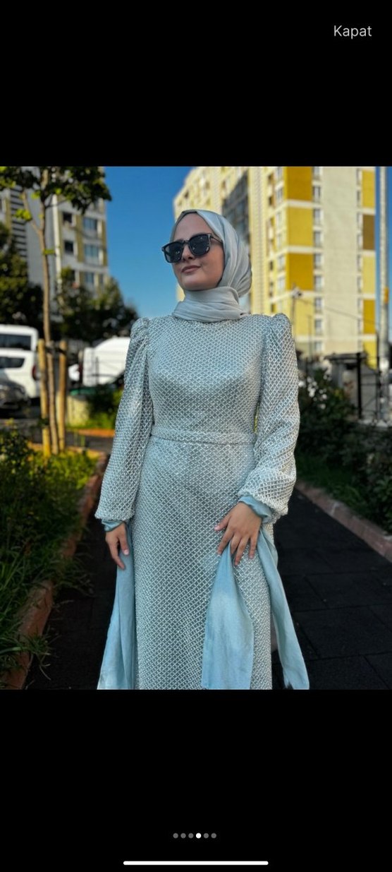 Gri Uzun Kollu Drapeli Abiye Elbise - Görsel 2