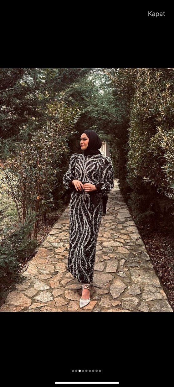 Siyah Pul İşlemeli Yılan Desenli Uzun Elbise - Görsel 3