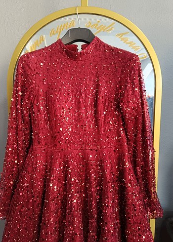 Bordo Uzun Kollu İşlemeli Abiye Elbise - Görsel 3