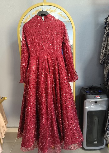 Bordo Uzun Kollu İşlemeli Abiye Elbise - Görsel 5